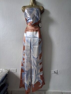 Women’s Strapless Floral Maxi Skirt in Rust and Light Blue